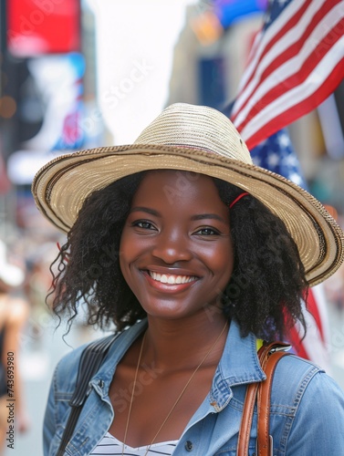 Happy young African American woman wrapped in USA flag laughing standing against white wall. Smiling free mixed race gen z hipster girl with Afro hair celebrating freedom on Independence Day concept.
