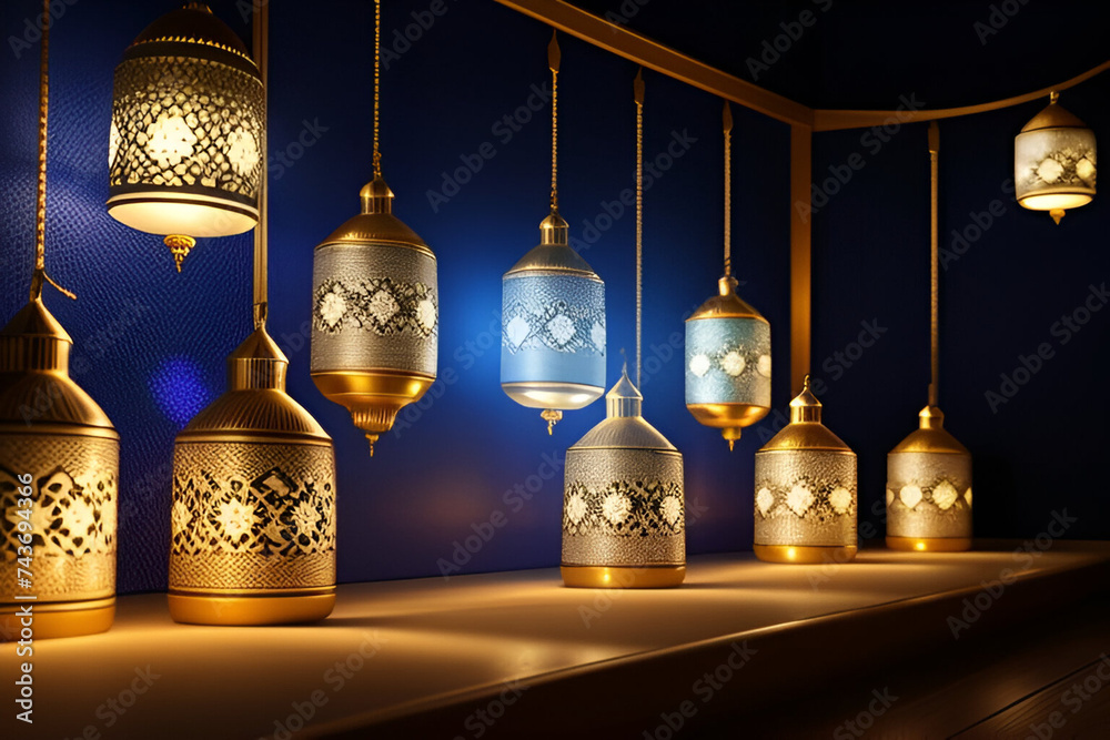 Obraz premium lamp in the mosque Glowing Arabic Lanterns on Ornate Table