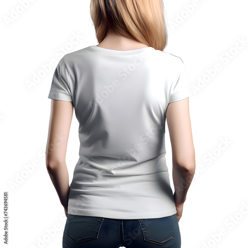 Blonde female model in blank white t shirt. front view