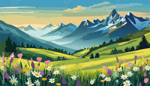 Alpine landscape with beautiful mountains and flowers, Ai generated