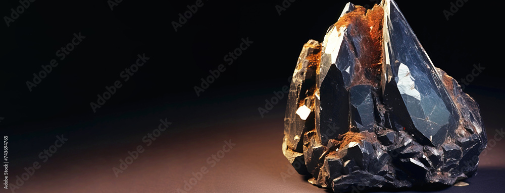 Allanite is a rare precious natural stone on a black background. AI generated. Header banner mockup with space.