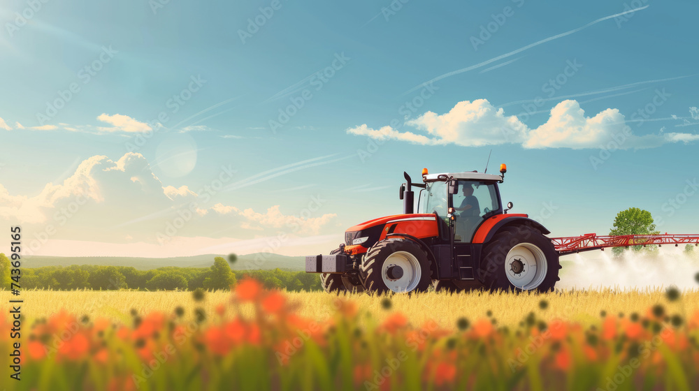 Modern tractor spraying in rural farmland Modern tractor spraying in rural farmland