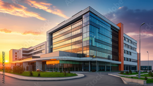 Modern hospital building at sunset photo