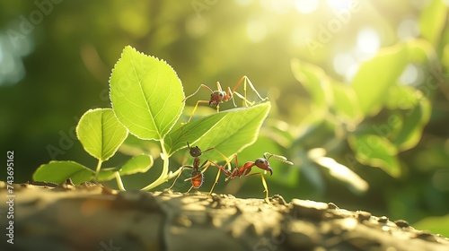 Ants traversing a branch with fresh green leaves in warm sunlight.