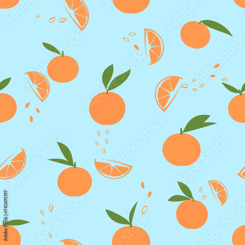 Seamless pattern with orange fruit and green leaf on orange background vector.