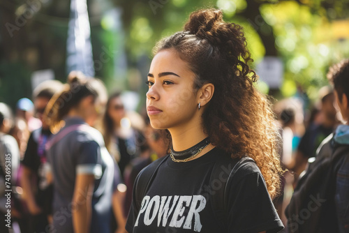 Photo of young woman standing outdoors with group of activists in background. Word power on shirt