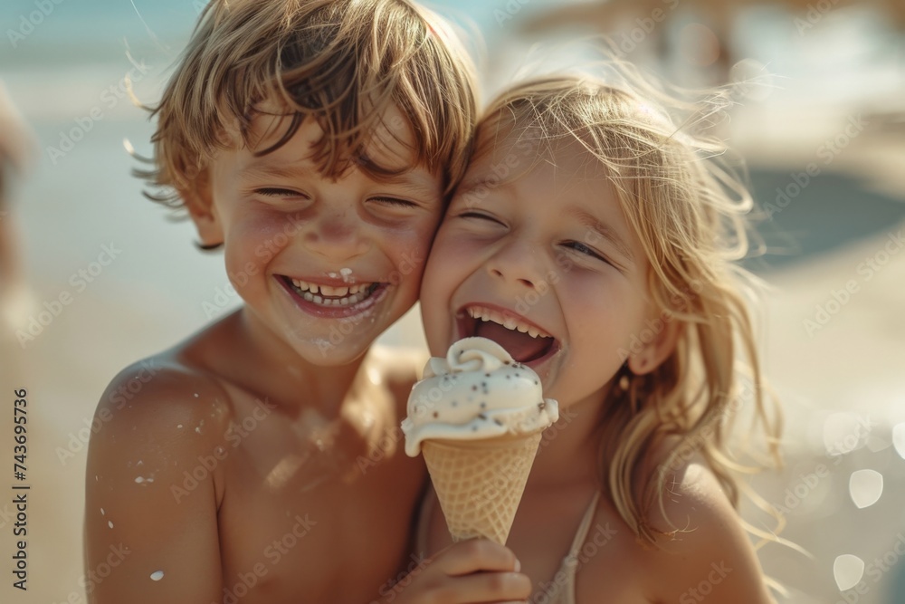 Happy kids enjoying ice cream on the sandy beach with ocean view in the background