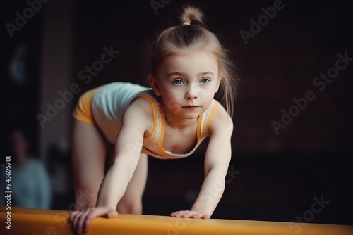 Girl child in a gymnast costume doing a sports exercise in the gym, black background isolate.