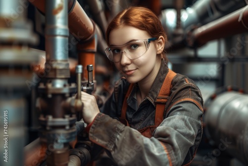 Focused woman engineer working on machinery in an industrial setting