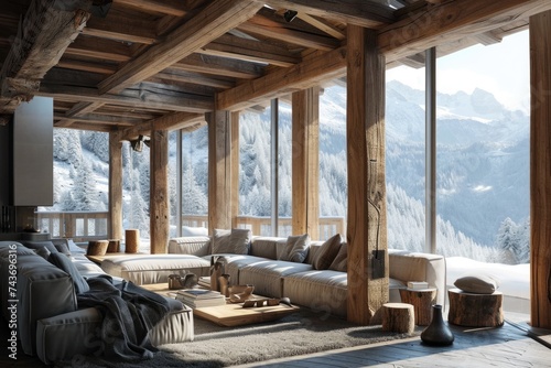 Mountain Retreat: Rustic Living Room Interior Design with Wooden Accents © AIGen