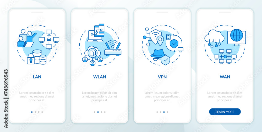Types of network blue onboarding mobile app screen. Walkthrough 4 steps editable graphic instructions with linear concepts. UI, UX, GUI template. Myriad Pro-Bold, Regular fonts used