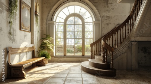 Rustic Farmhouse Entrance  Inviting Hallway with Arched Window and Staircase