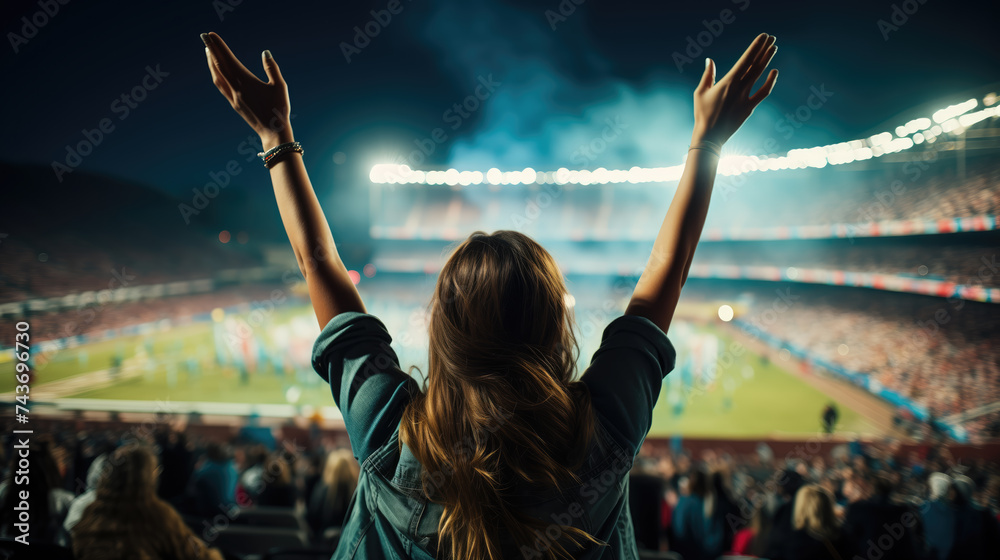 An exuberant woman cheers joyfully in a stadium filled with spectators during a captivating evening event.

