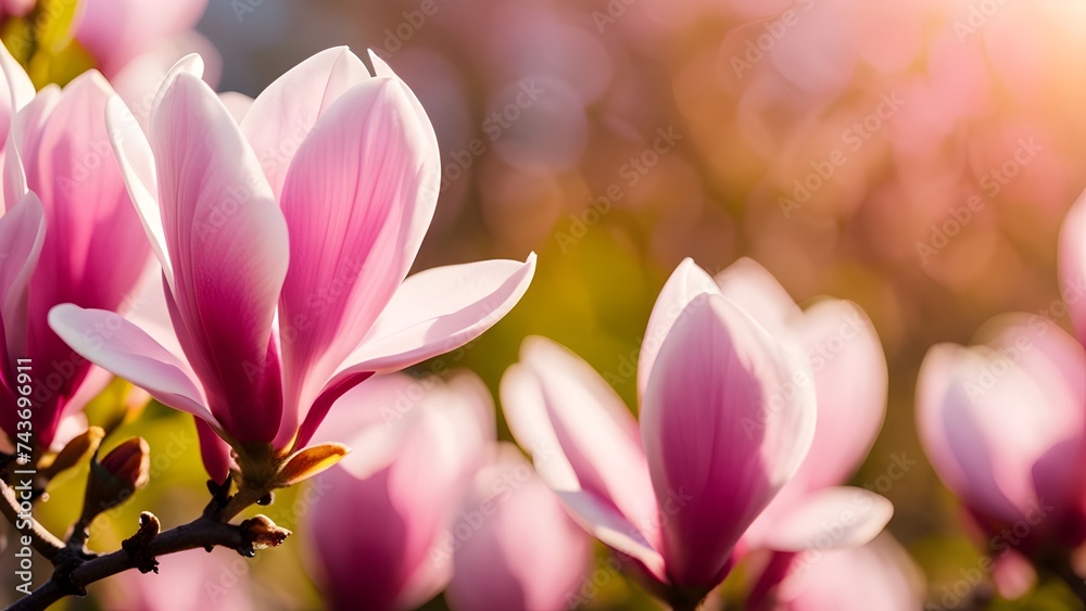 Delicate pink magnolia blossoms under warm April sun, springtime beauty. Delicate pink magnolia blossoms under warm April sun, springtime beauty.