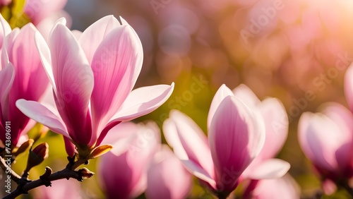 Delicate pink magnolia blossoms under warm April sun, springtime beauty. © All in Stock