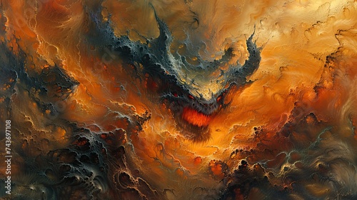 Scary demon and a satan in an angry scene, in the style of otherworldly landscapes, dark orange, red and light gold, 32k uhd, mind-bending murals, apocalypse landscape, fractals