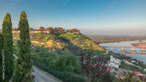 Panorama showing the Castle of Almourol on hill in Santarem aerial timelapse. Portugal photo
