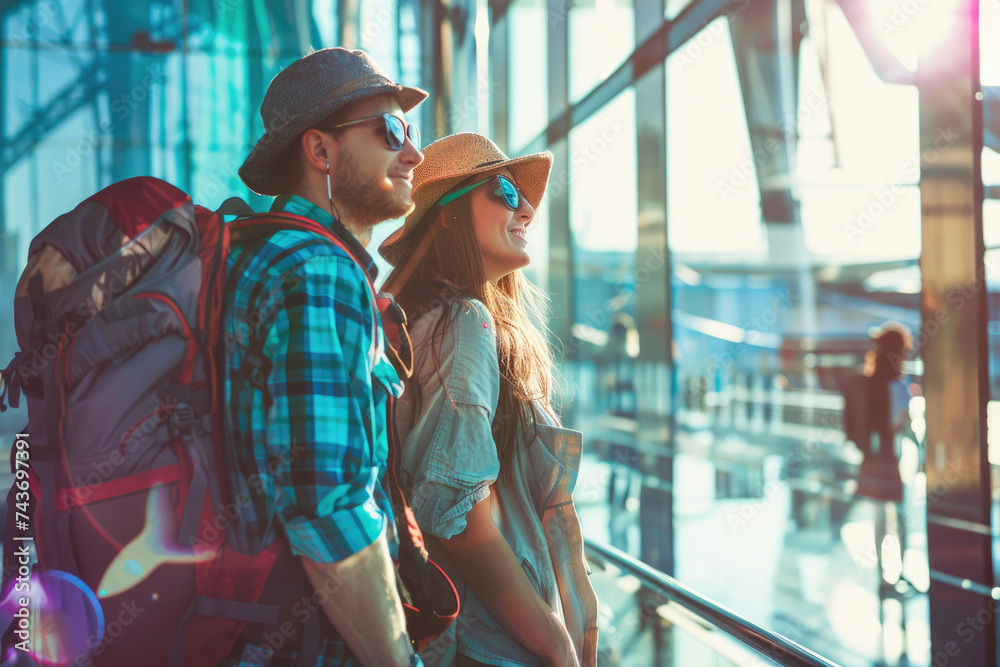 happy young couple traveler with backpack at airport terminal, travel concept