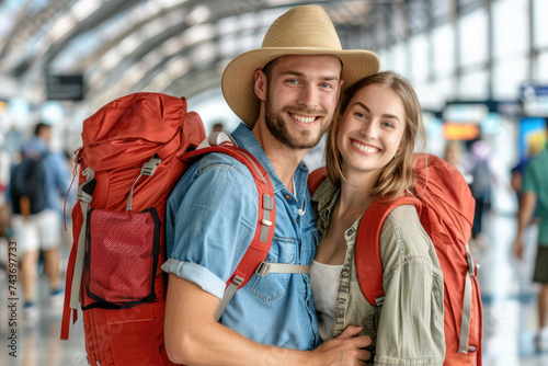 happy young couple traveler with backpack at airport terminal, travel concept