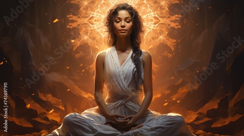 Serene Woman in Meditation with Fiery Energy Aura in Ethereal Setting © mariiaplo