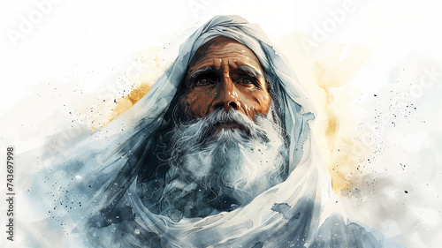 Evocative watercolor portrait of Abraham, capturing the wisdom and spirituality of the biblical patriarch.