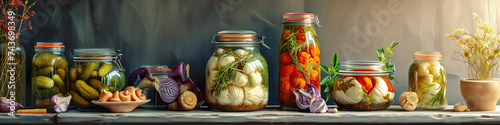 a rustic shelf with jars full of pickles and fermeted vegetables web banner  photo