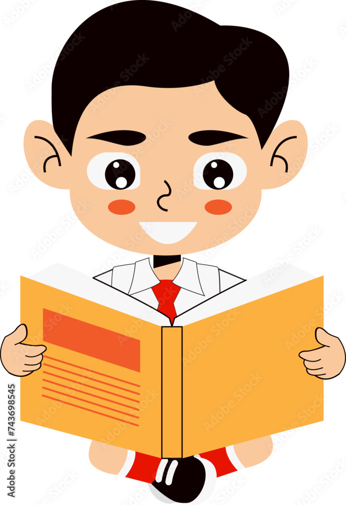 Elementary school boy sitting cross-legged smiling reading a book Elementary school boy sitting cross-legged smiling reading a book