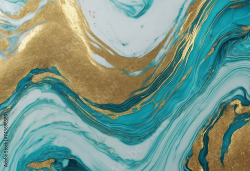 Acrylic Fluid Art Blue aquamarine waves and gold inclusion Abstract marble background or texture photo