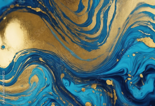 Acrylic Fluid Art Blue colors waves in abstract ocean of blue paint and golden swirls Marble effect