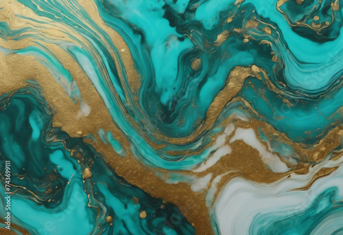 Acrylic Fluid Art Turquoise waves and gold inclusion Abstract stone background or texture