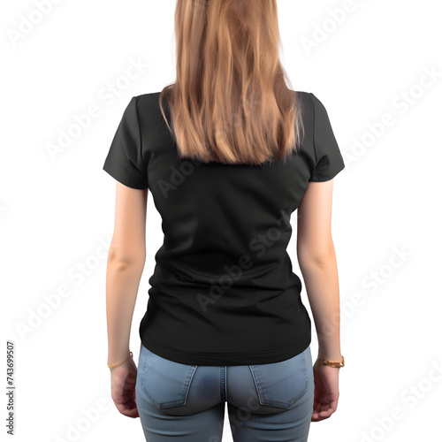 back view of woman in blank black t shirt on white background