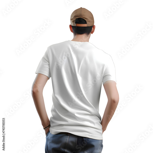 Rear view of a man in blank white t shirt isolated on white background