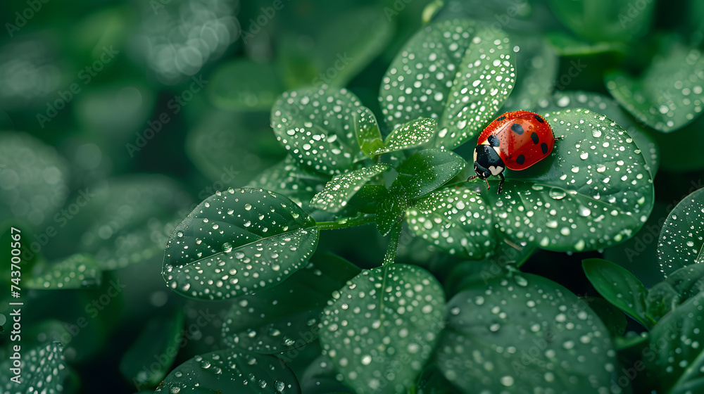 A ladybug, with lush green foliage as the background, during a dewy morning A ladybug, with lush green foliage as the background, during a dewy morning
