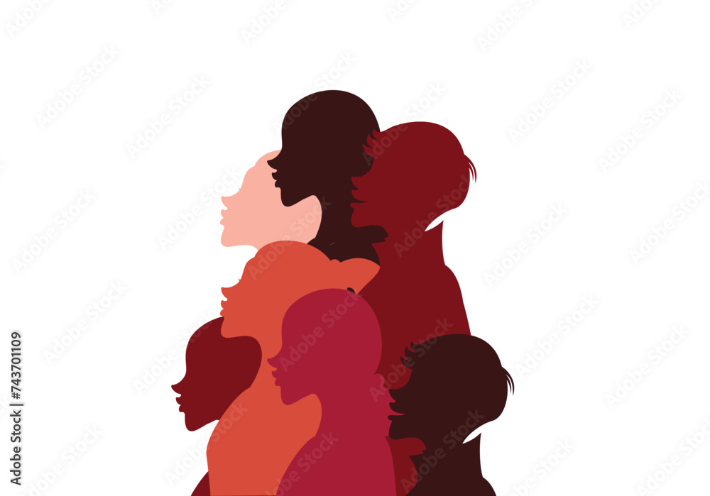Silhouette of a group of multiethnic people. Racial equality in a multicultural society. Anti-racism concept. Profile silhouettes of different people