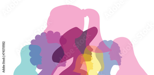 Women of different races and age standing together. Profile silhouettes of female characters with various skin colors and hair styles. Minimal flat style illustration. Feminism movement concept