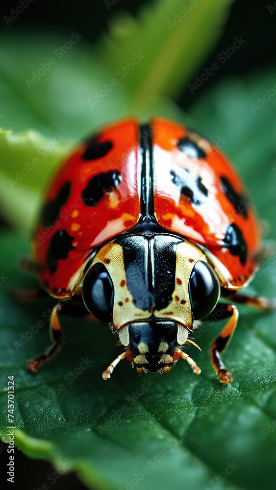 Fototapeta premium Close-up of a ladybug on a green leaf. Selective focus.