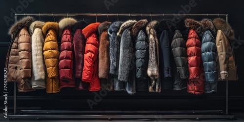 Assortment of winter jackets hanging in a row, showcasing diverse styles and colors