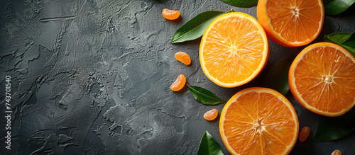 Freshly cut orange slices and almonds are neatly displayed on a textured dark slate background. © Александр Марченко