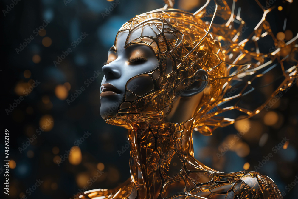 portrait of woman with abstract structure or grid around body, dark abstract background with lights, digital art, concept of biotechnology of future portrait of woman with abstract structure or grid around body, dark abstract background with lights, digital art, concept of biotechnology of future