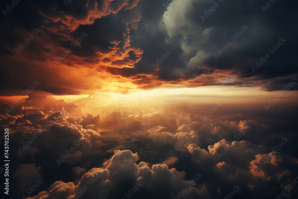 beautiful dark sunset sky with cumulus clouds aerial view for abstract background - obrazy, fototapety, plakaty 