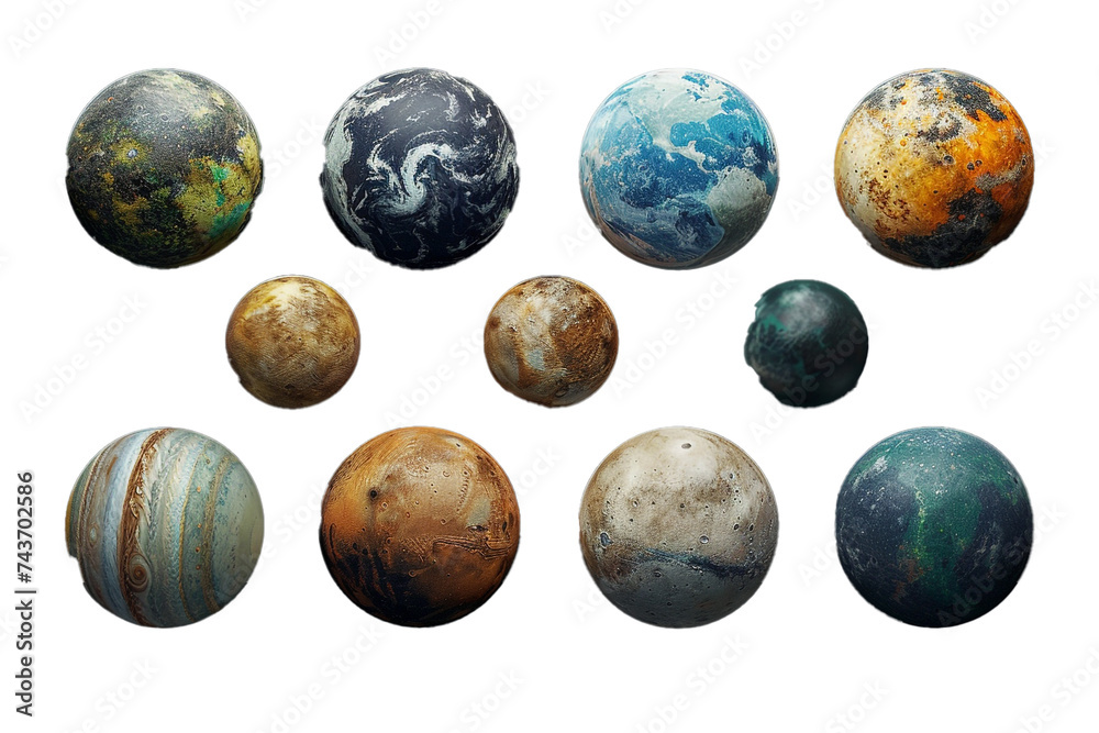 Vector realistic planets on transparent background. Earth, Mars, Jupiter and other celestial bodies. Space and astronomy concept.