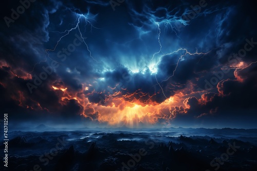 sea storm, dark dramatic stormy sky with cumulus clouds and lightnings over waves for abstract background