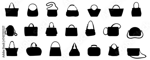 Ladies handbag silhouette collection in black on a white background. Set of black silhouettes of handbags. Lady bags icons