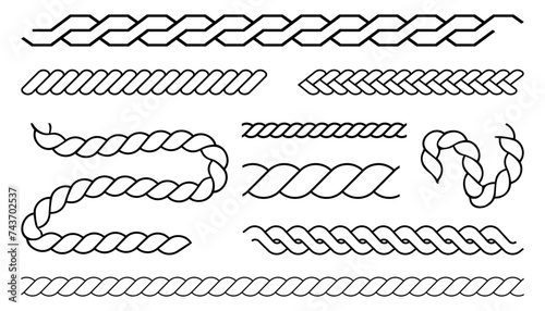 Line rope border element collection. Nautical rope brushes. Set of straight outline silhouette rope borders
