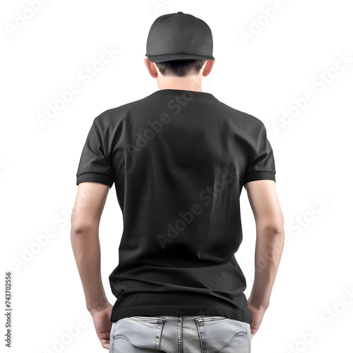 Man in black t shirt and baseball cap isolated on white background