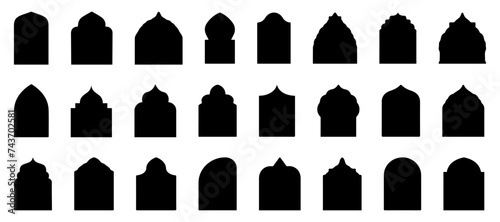 Islamic door silhouette collection. Arabic door and window shape icons. Silhouette of arches with ornaments