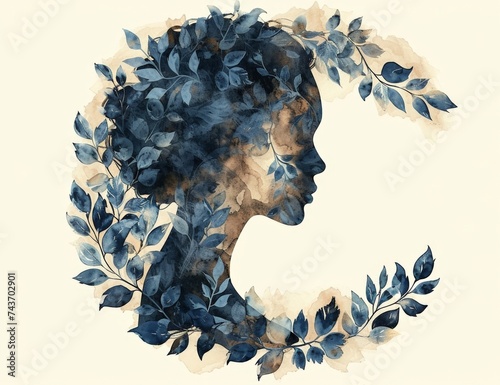 Watercolor illustration of a woman with leaves in her hair and crescentshaped leaves photo