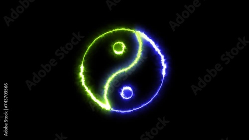 Yin yang neon light in green and blue colors. 4K looping video