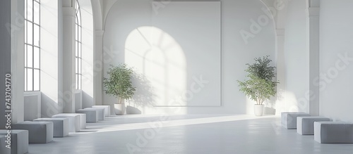 A white room with an abundance of various green plants placed around the space. The plants vary in sizes and types  adding a touch of nature to the otherwise minimalistic room.