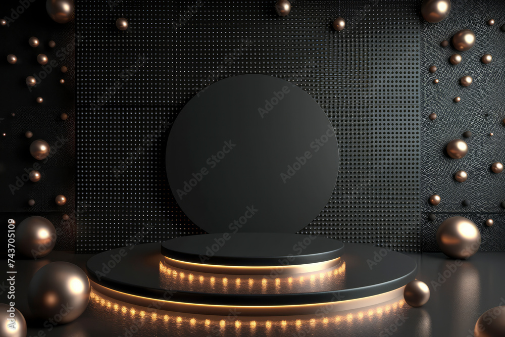3D Rendering Black metalic Podium background with Ball decoration showroom for Product advertising